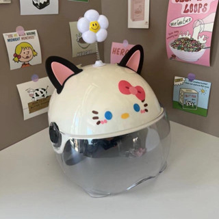 ( SẴN ) Mũ bảo hiểm hello Kitty tai mèo nơ hồng xinh xắn kèm phụ kiện vui nhộn, kính gắn tiện lợi