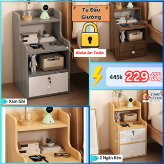Tủ đầu giường có khóa an toàn, Tab đầu giường gỗ thiết kế sang trọng, tiện ích