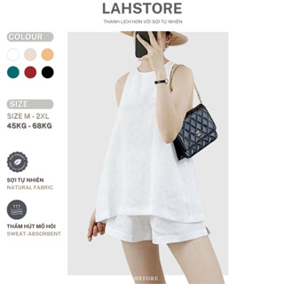 Set đồ nữ linen LAHSTORE áo sát nách dáng yếm xẻ sau cúc gỗ & quần short ống rộng lưng thun (Trắng)