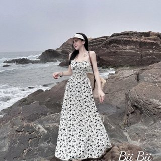 Váy maxi, Đầm đi biển hai dây nhún eo chun chất đũi hàn in hoa lưng chun dáng dài đi biển sang chảnh