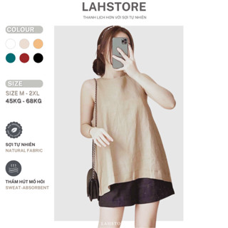 Set đồ nữ linen LAHSTORE áo sát nách dáng yếm xẻ sau & quần short ống rộng lưng thun (Be)
