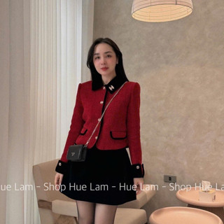 Set đồ nữ tiểu thư sang chảnh áo khoác dạ phối cổ nhung dài tay phối chân váy dáng A ngắn thiết kế công sở thu đông LONA