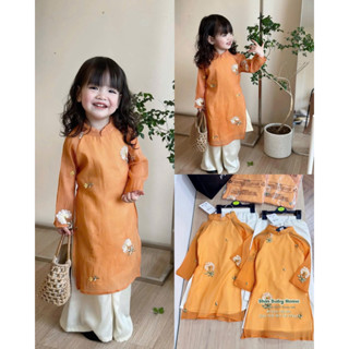  OD Set áo dài mặc tết cho bé gái gồm quần + áo có thêu hoa tone cam trắng   Shin Baby home #T025 