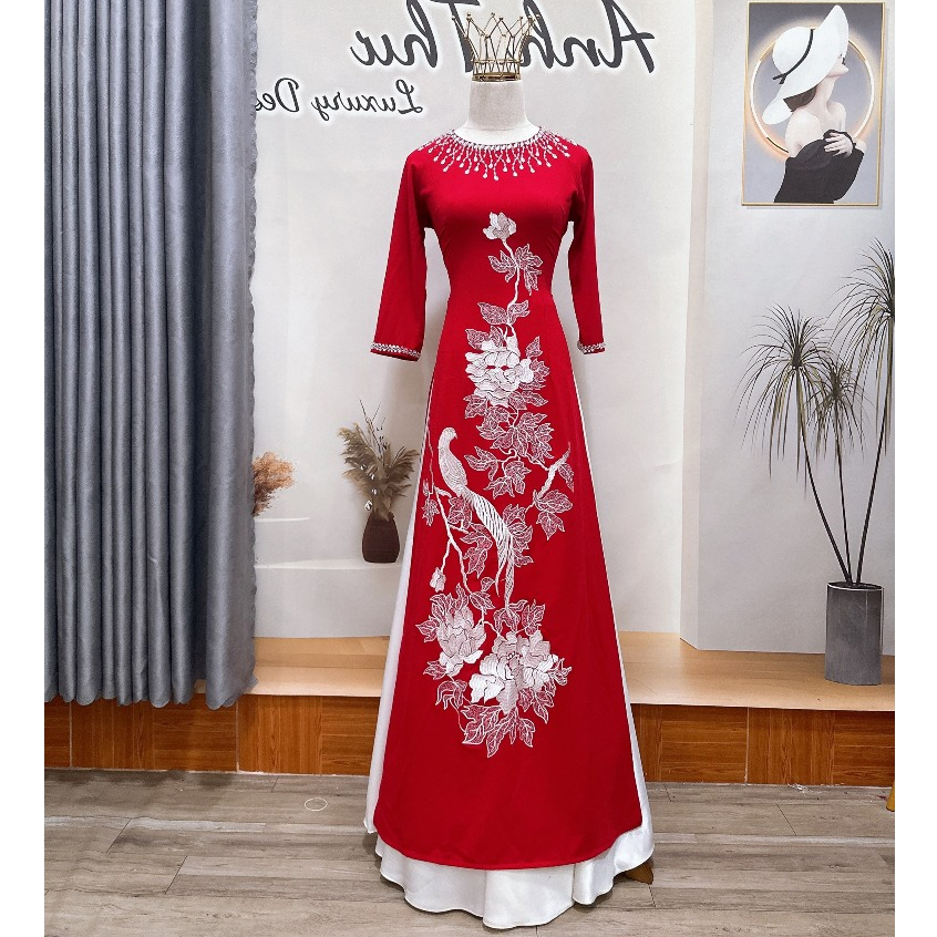 Áo dài mẹ sui, áo dài Lụa Mango cao cấp thêu Khuyên trắng may sẵn cổ tròn MC11