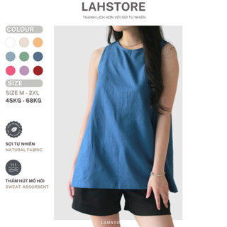 Đồ bộ nữ linen LAHSTORE áo sát nách dáng yếm cúc gỗ & quần short ống rộng lưng thun đen (Xanh Navy)