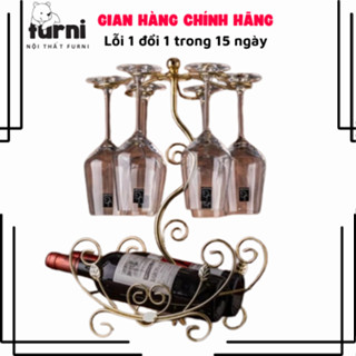 Kệ treo ly rượu vang để bàn kim loại kèm kệ để 2 chai được mạ vàng đồng tinh tế sang trọng