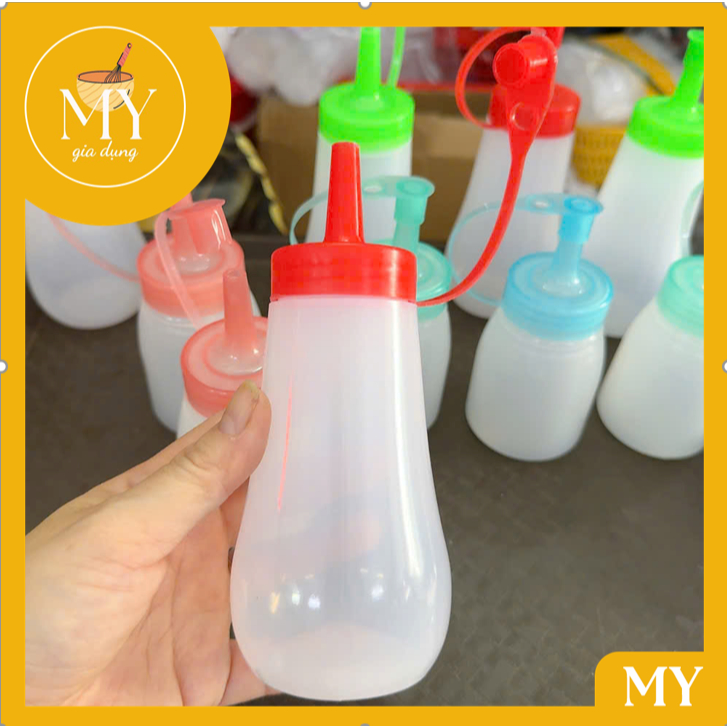 Chai, lọ, bình có vòi nút đậy bằng nhựa dung tích(150ml, 250ml) có đủ màu dùng để đựng sốt- Chai nhự