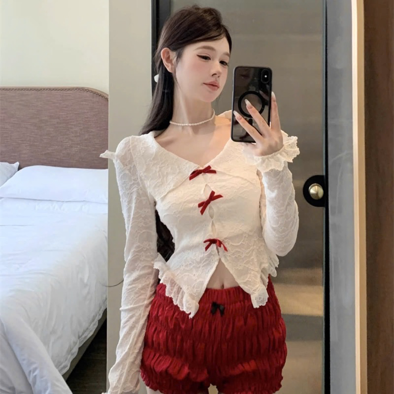 [Có tách lẻ] Set áo dây lưới đính hoa tua rua kèm quần bí nhún nơ ulzzang | BigBuy360 - bigbuy360.vn