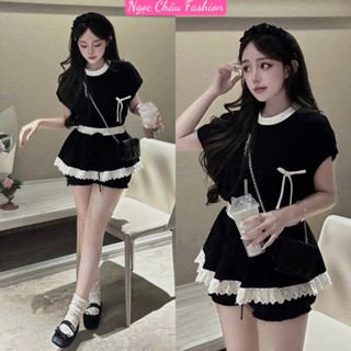 Set đồ nữ áo cánh dơi đính nơ+chân váy bí xòe phối ren có quần trong lưng thun <55kg