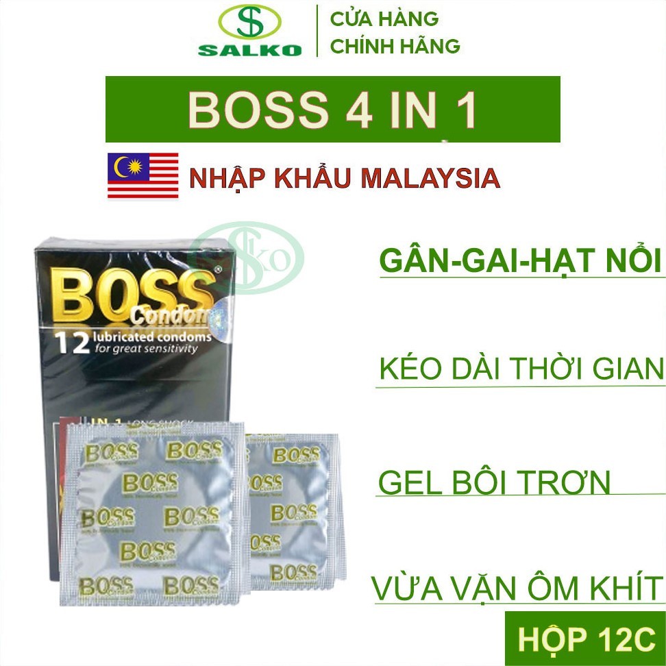Bao cao su cao cấp BOSS 4 IN 1 (Chính hãng Malaysia) Bcs Gân Gai, Kéo dài quan hệ. Hộp 12 cái