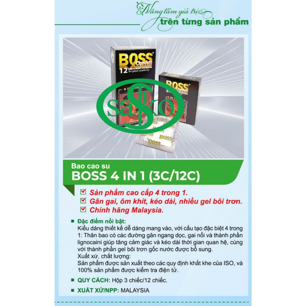Bao cao su cao cấp BOSS 4 IN 1 (Chính hãng Malaysia) Bcs Gân Gai, Kéo dài quan hệ. Hộp 12 cái