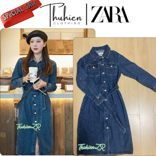 (Chính hãng size XS)Váy midi ZARA 2449/045/400 DEMIN dài tay xanh đậm buộc dây lưng(kèm ảnh thật)