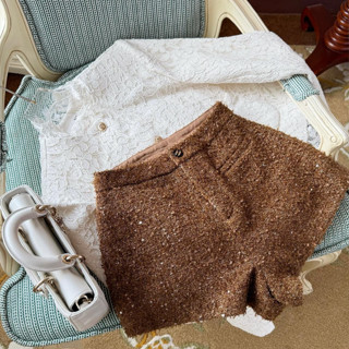 set đồ nữ áo khoác ren trắng mix quần short dạ kim tuyến nâu, set áo khoác mùa đông trắng mix quần đùi nâu TỰ MAY LIPU