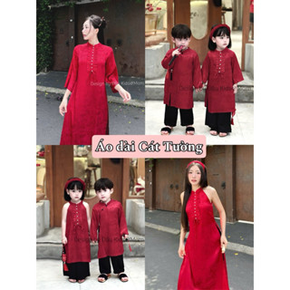 Áo dài Tết cho mẹ bé trai, bé gái Cát Tường lụa gấm kèm quần đen Đậu Kids&Mom