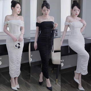 Đầm Thiết Kế Dáng Dài Ôm Body Trễ Vai Đính Hoa Nhún Đi Chơi Đi Tiệc Sang Trọng M309