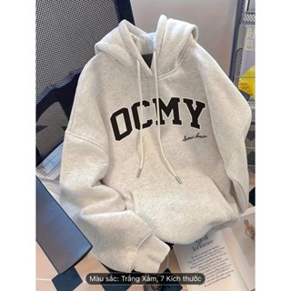 Áo Nỉ Hoodie Xám Trắng In Chữ OCMY Dáng Rộng Unisex Nam Nữ Vải Nỉ Bông Cao Cấp