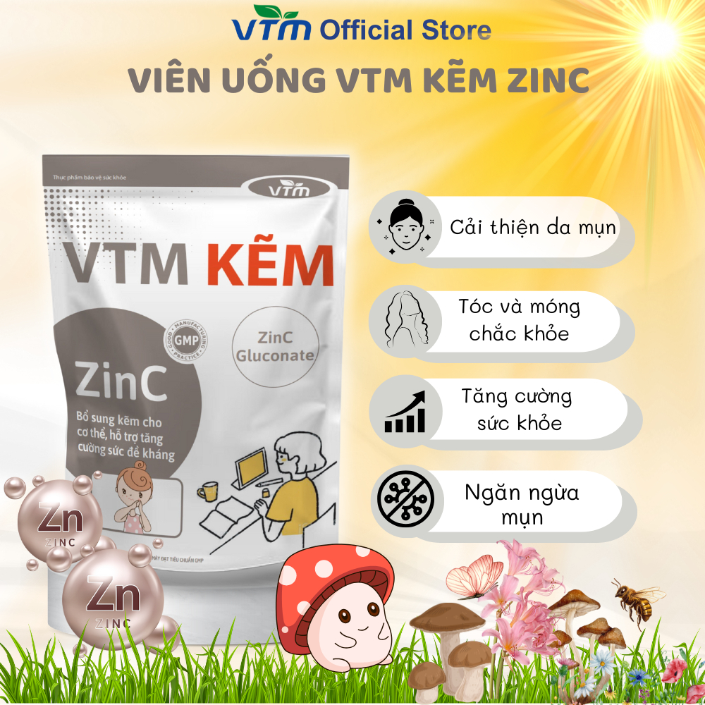 Viên uống VTM Kẽm ZinC bổ sung hỗ trợ tăng cường sức đề kháng, làm đẹp da - gói 30 viên