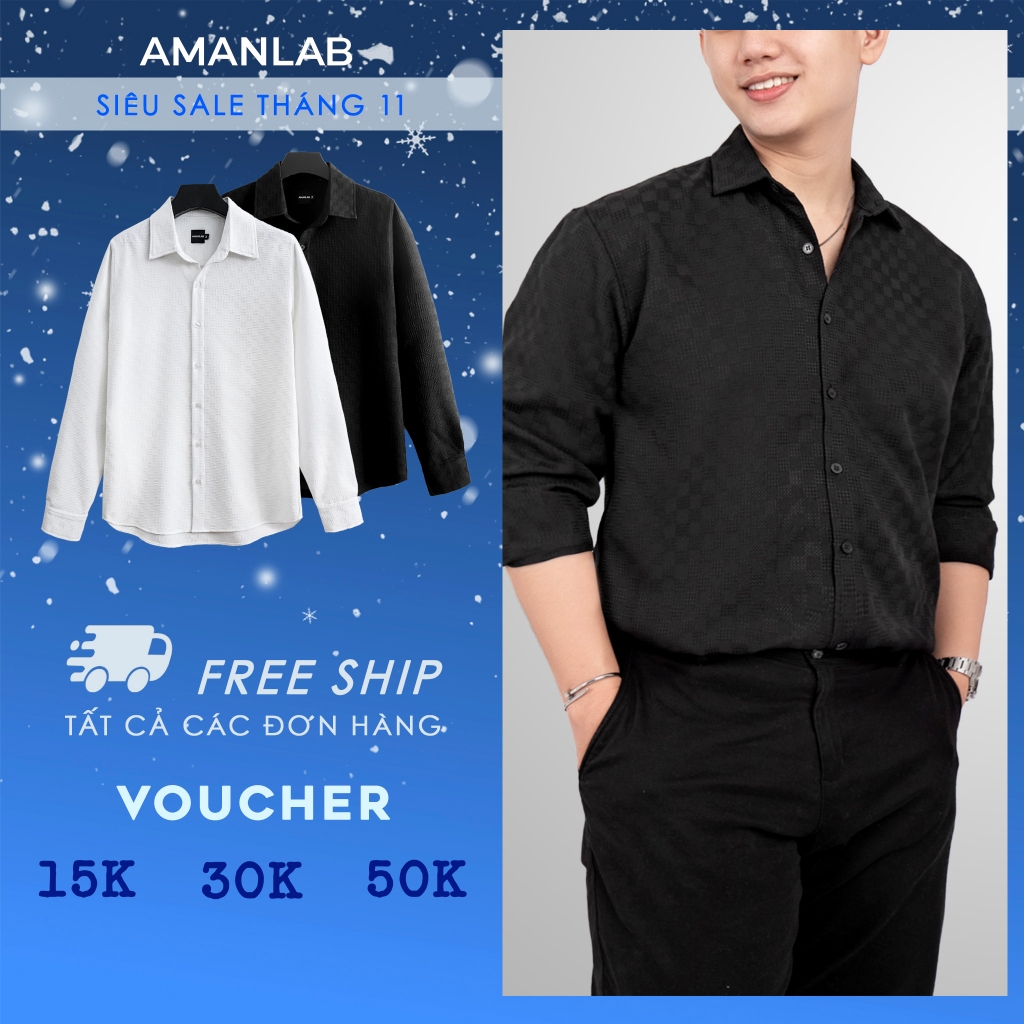 Áo sơ mi nam dài tay chất vải cotton dệt hoa, họa tiết ô vuông LONGFATIC AMANLAB