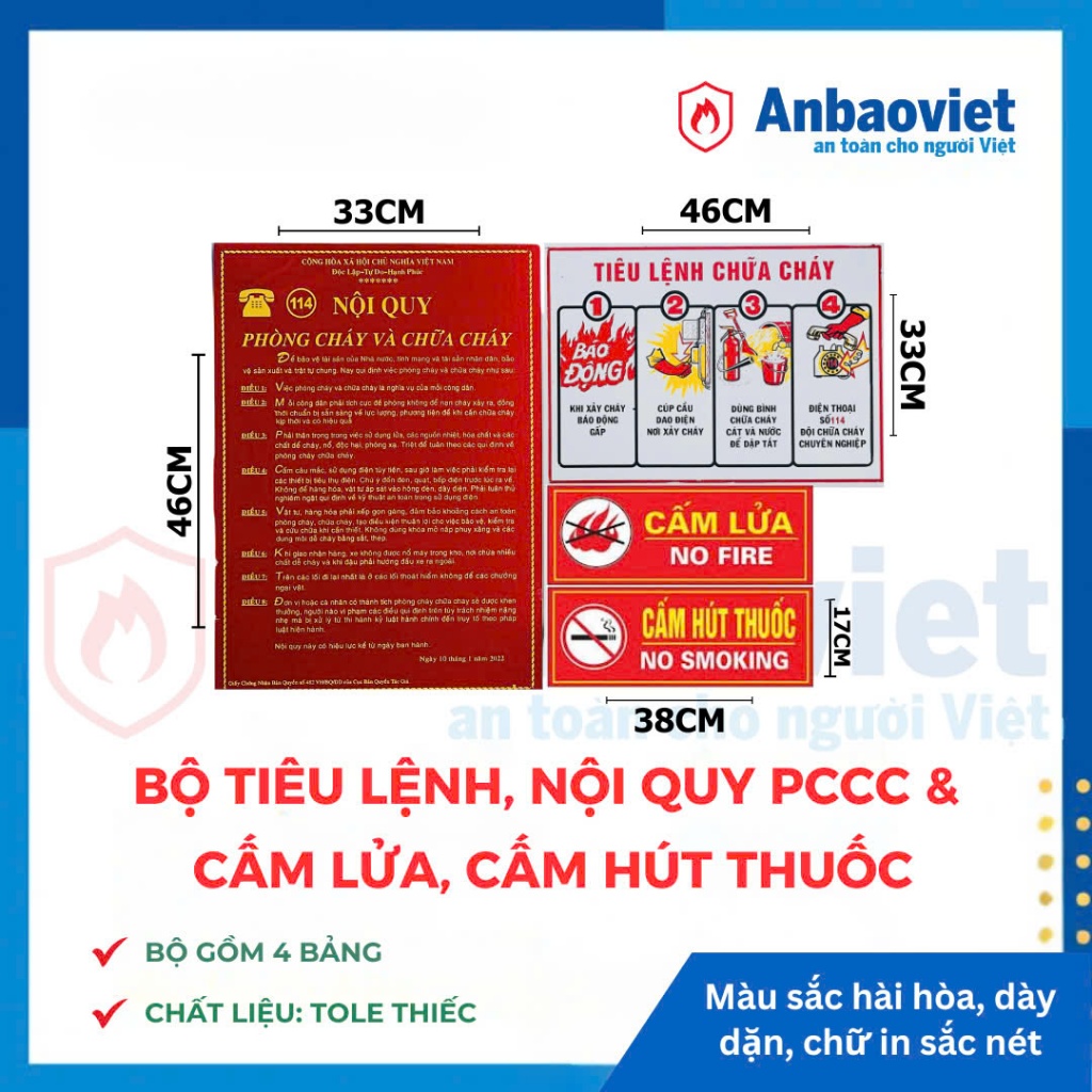 Combo 04 bảng tiêu lệnh nội quy, cấm lửa cấm hút thuốc bằng tôn thiếc