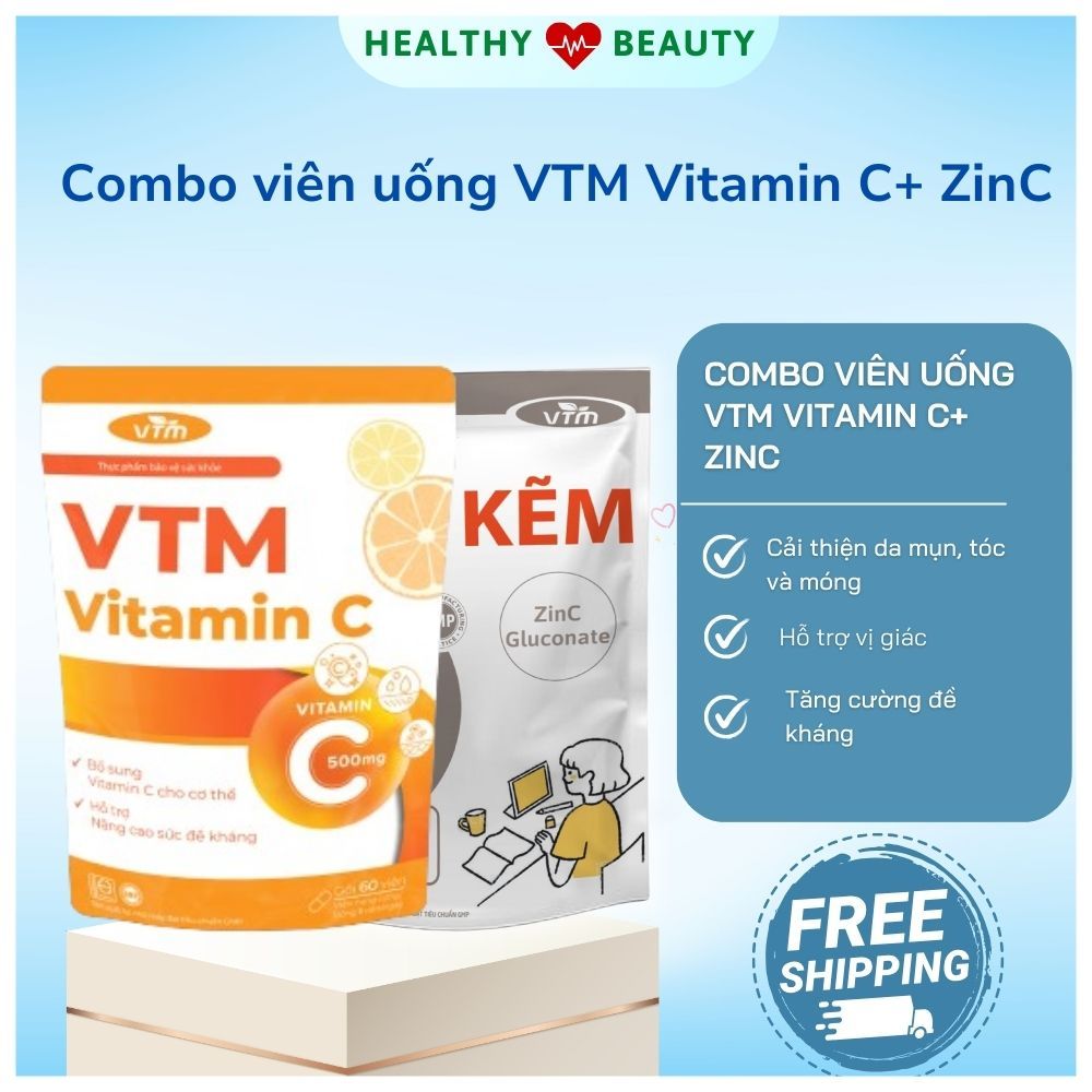 Combo Viên uống VTM giảm mụn mờ thâm, gấp đôi đề kháng - tăng cường miễn dịch( VTM Vitamin C và VTM Kẽm ZinC) - 30 ngày