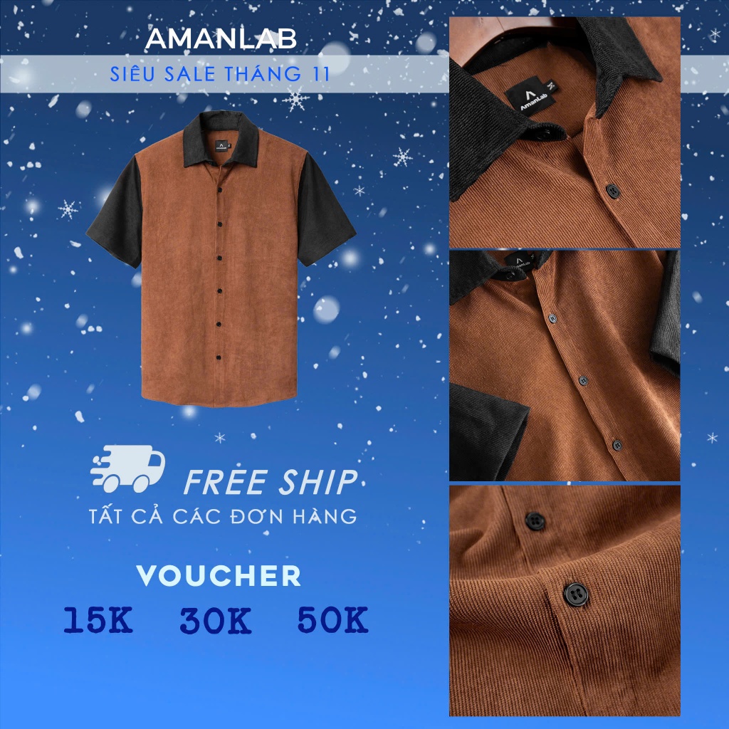 Áo sơ mi nam ngắn tay, cọc tay, vải nhung tăm mix màu đen và nâu. form regular fit Mix Velvet AMANLAB