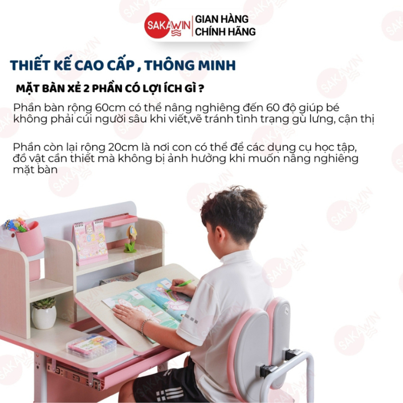 Bộ bàn học cho bé thông minh Sakawin S80 Bàn học sinh có giá sách Nâng hạ độ cao bằng tay quay. | BigBuy360 - bigbuy360.vn