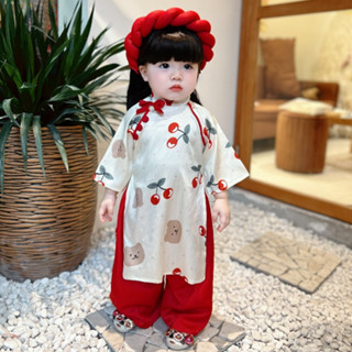  Áo Dài Cherry Đỏ Quần Lụa Kèm Mấn 4-18 Kg,1-5 Tuổi,Áo Dài Cho Bé Gái Mặc Tết ,Mùa Lễ Hội Chất Lụa Tằm 