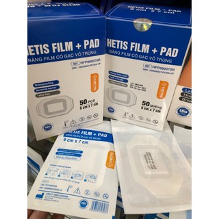  ✅ SET 5 miếng  Miếng băng dán kèm gạc vô trùng Hetis 6cmx7cm,Gạc dán vết thương miếng dán rốn chống thấm nước Hetis Film 