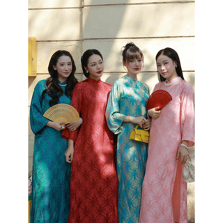  Áo Dài Cách Tân Vải Gấm Hoạ Tiết Thọ Dơi Dáng Suông Tay Lỡ Loe Cổ Bầu 2.5cm Áo Dài Tết 2025 