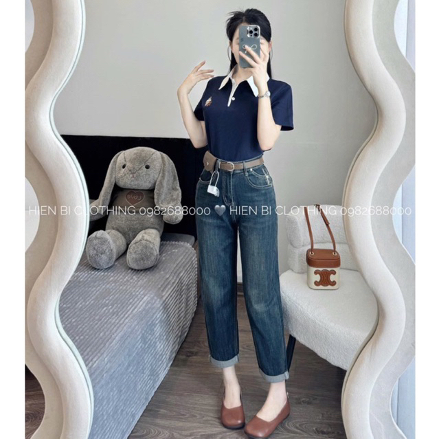 Quần jean baggy đai da nâu kèm túi