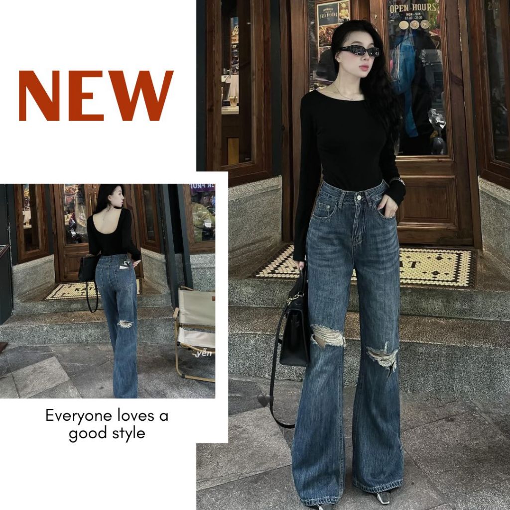  Quần Jeans Suông Ống Loe Rách Gối Nữ Lora Official Quần Jeans Rách Phong Cách Girl Phố Hottrend S084 