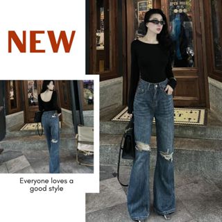Quần Jeans Suông Ống Loe Rách Gối Nữ Lora Official, Quần Jeans Rách Phong Cách Girl Phố Hottrend S084