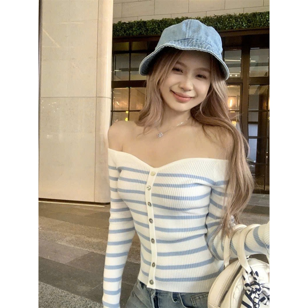 Áo Len Dệt Kim, Áo Len Trễ Vai Lệch Dáng Ôm Body Phối Hàng Khuy Cài Kẻ Sọc Ngang Dài Tay Phong Cách Hàn Quốc Shopquacam | BigBuy360 - bigbuy360.vn