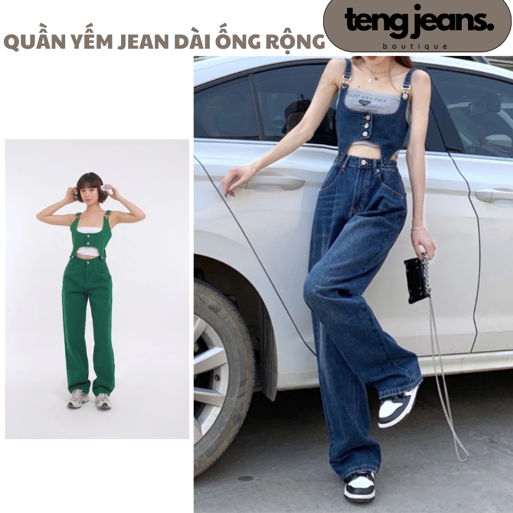 Quần yếm JEANS dài ống rộng dáng baggy SET8, Set yếm quần dài jean dành cho các bạn nữ cá tính