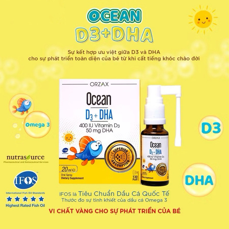OCEAN D3 DHA bổ sung Vitamin D3 - DHA cho bé cao khỏe tinh anh (chai 20ml) | Nhập khẩu chính hãng Ch