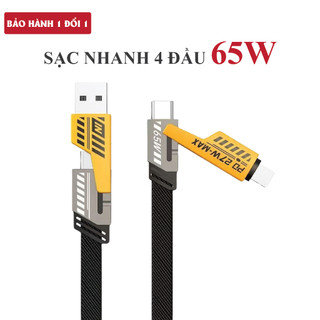Cáp sạc 4in1, Dây sạc nhanh tối đa 65W. Dây dù, đầu cáp kim loại, chống gẫy - Cáp sạc điện thoại, Dây sạc 3 in 1