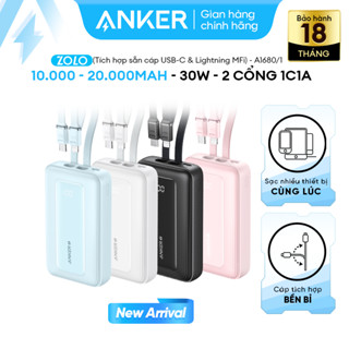 Pin sạc dự phòng Anker Zolo 10k/20kmAh | Tích hợp sẵn 2 cáp USB-C & L | 2 cổng 1C1A sạc nhanh iPhone Androi - A1680/1