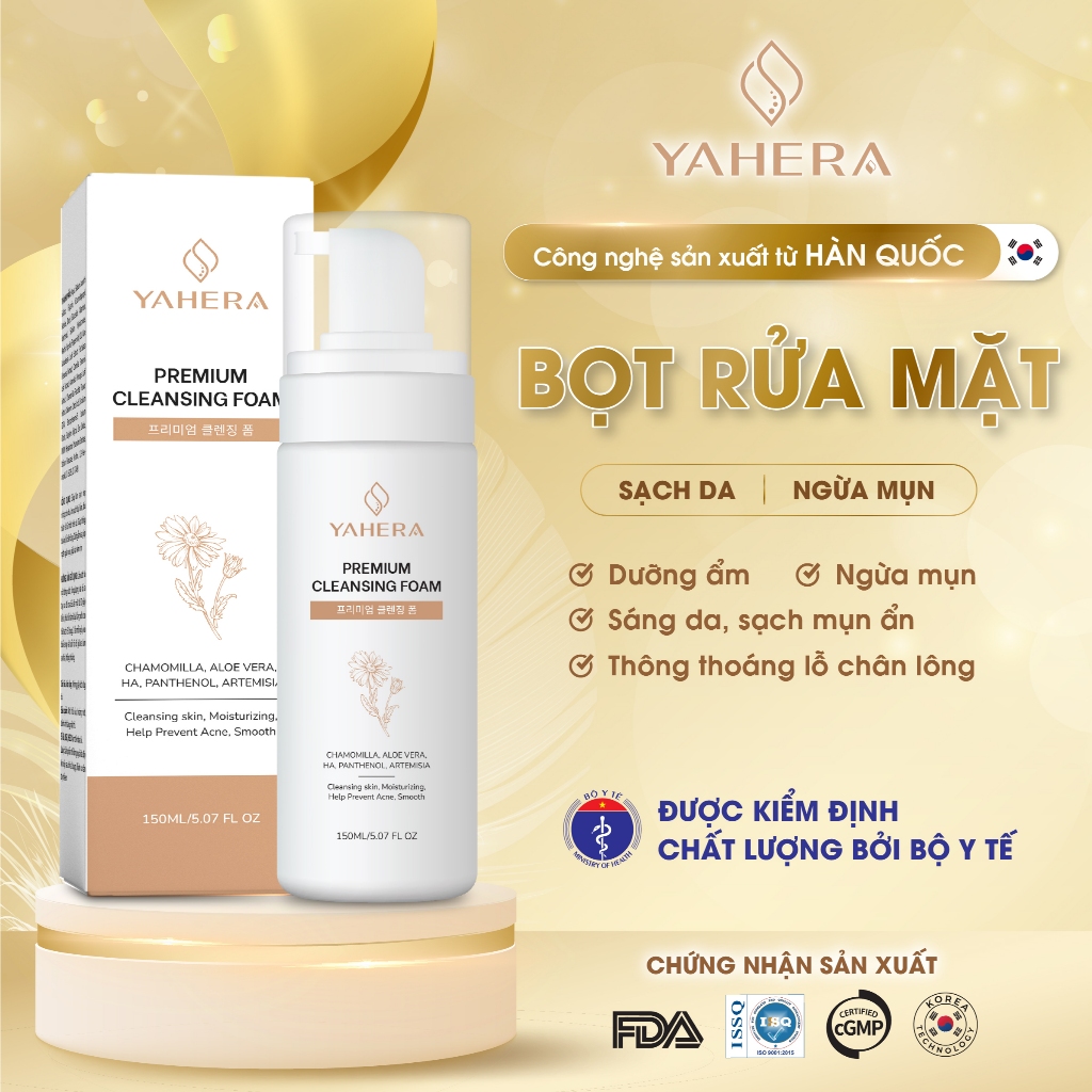 Sữa rửa mặt dạng bọt YAHERA Premium Cleansing Foam làm sạch bụi bẩn,dầu thừa và bã nhờn giúp sáng da ngăn ngừa mụn 150ml