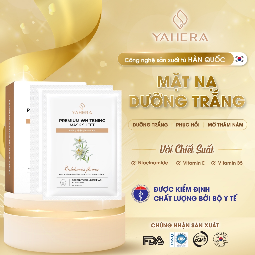 Hộp 10 Mặt nạ thạch nước dừa tươi dưỡng trắng da cao cấp YAHERA Premium Whitening Mask Sheet dưỡng ẩm, phục hồi da 25g