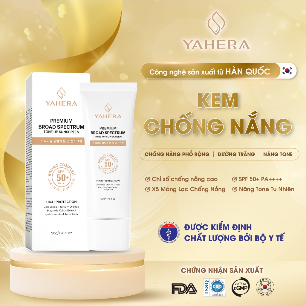 Kem chống nắng phổ rộng nâng tone 5 màng lọc chống nắng YAHERA Premium Sun Cream Broad Spectrum SPF50+ PA++++ 50g