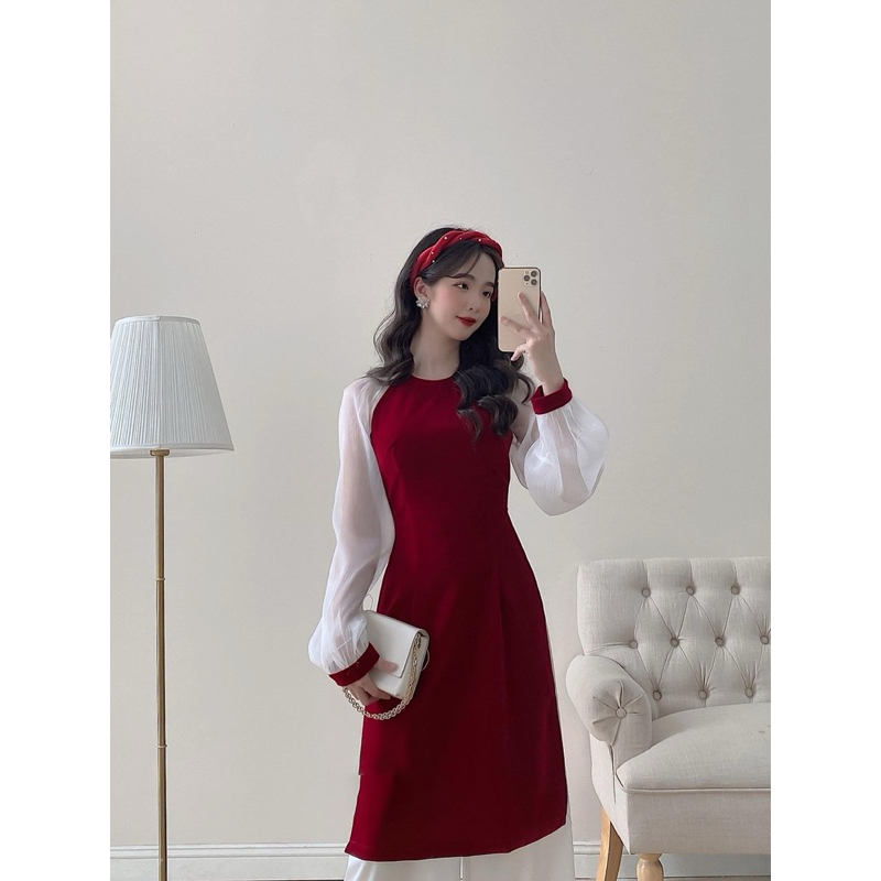 Áo dài cách tân Nhung tay phối von kèm quần