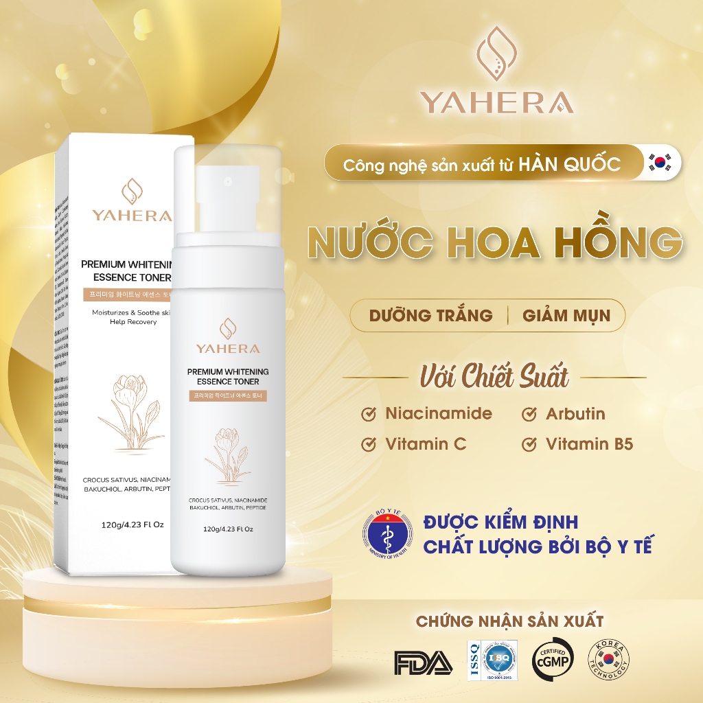 Nước hoa hồng dưỡng trắng da YAHERA Premium Whitening Essence Toner giúp sạch sâu, dưỡng ẩm, cân bằng độ pH da 120ml