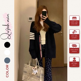 Áo cardigan khoác ngoài kẻ tay phối viền 3 màu, Khoác len nữ Thom chất len mềm dày dặn dáng rộng