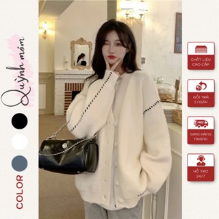 Áo Cardigan Nữ Cổ V Chất Len Dày Dặn Co Giãn Tốt, Áo Khoác Nữ Form Rộng Phối Viền Sọc Đen Phong Cách Hàn Quốc