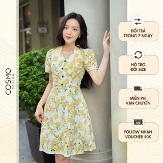 Váy đầm nữ thiết kế dáng xoè ren thêu hoa vàng cúc bọc xanh 11709