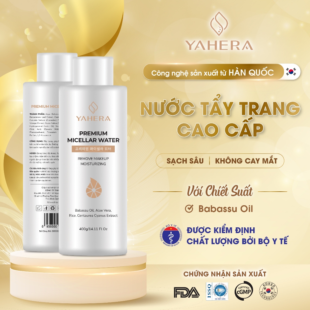 Nước tẩy trang cao cấp làm sạch sâu YAHERA Premium Cleansing Water làm sạch lớp trang điểm, bụi mịn, bã nhờn 400ml
