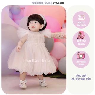 Đầm công chúa HOMI BABY HOUSE váy bé gái công chúa bí nude ren bèo tay