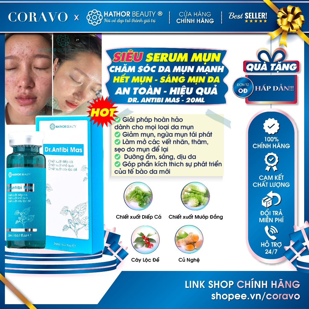 Serum Mụn hết Mụn mờ Thâm Sẹo Sáng da dưỡng Ẩm da Dr Antibi Mas Hathor Beauty (Kim Thiên Hoa) 20ml -
