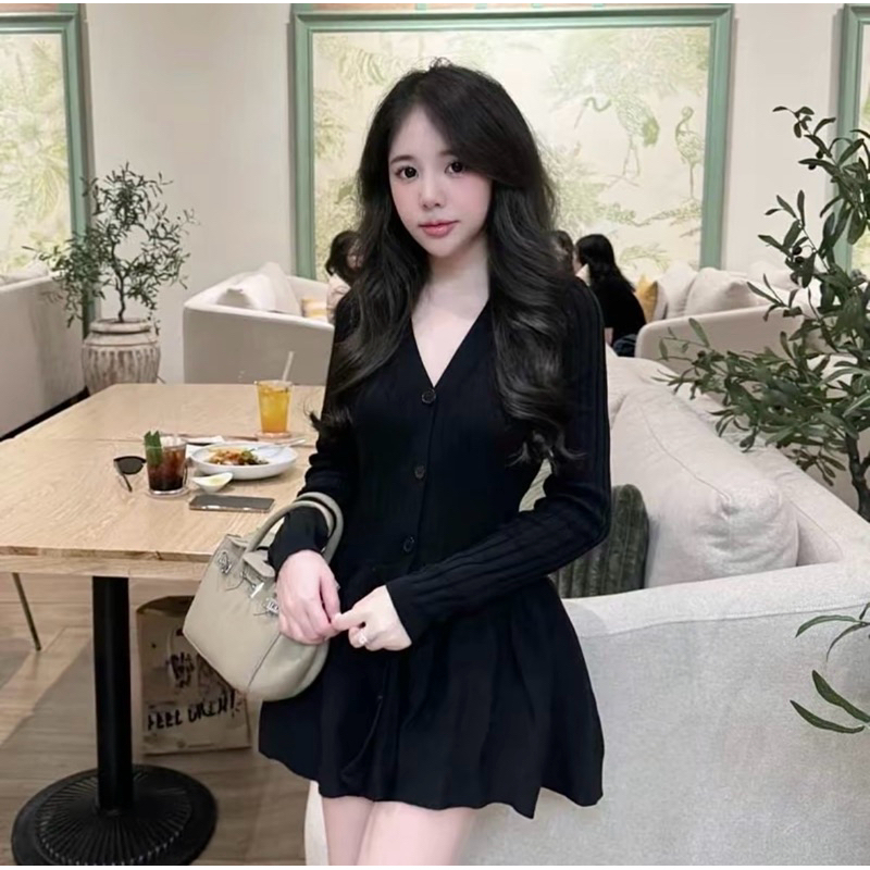 (Hàng QC loại 1) Váy Len Nữ Đầm Body Len Hàn Cổ V Dáng Ngắn Tay Dài Hàng QC Cao Cấp | BigBuy360 - bigbuy360.vn