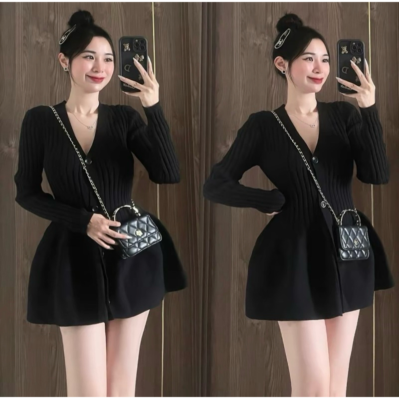 (Hàng QC loại 1) Váy Len Nữ Đầm Body Len Hàn Cổ V Dáng Ngắn Tay Dài Hàng QC Cao Cấp